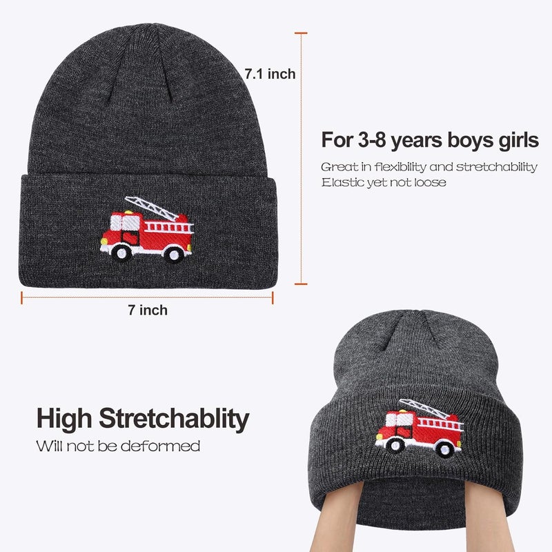 KDVOG Store Kids Knit Beanie Cute Fire Trucks Embroidery Warm Cuffed Skull Caps Classic Autumn Winter Hats for Boys Girls 3-8 Years - Image 4